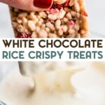 A White Chocolate Rice Crispy Treats being dipped in melted white chocolate with a text overlay for pinterest.