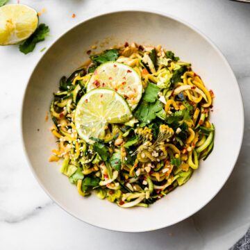 A photo of a white bowl of Spiralized Vegetable Stir Fry