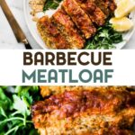 Barbecue Gluten-Free Meatloaf on a plate with a text overlay for pinterest.