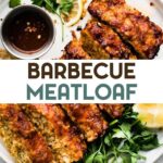 Barbecue Gluten-Free Meatloaf on a plate with a text overlay for pinterest.