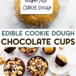 Vegan Cookie Dough Chocolate Cups on a marble surface with a text overlay for pinterest.