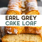 Close-up of sliced gluten-free Earl Grey tea cake with golden crust and powdered sugar with a text overlay for pinterest.