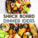 2 images of a serving platter with crackers, vegetables, fruits, nuts, cheese, and dip with a text overlay for pinterest.