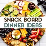 Overhead image of serving platter with crackers, vegetables, fruits, nuts, cheese, and dip with a text overlay for pinterest.