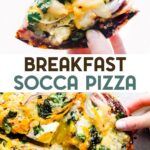 Two photos of Low-Carb Socca Breakfast Pizza with a text overlay for pinterest.