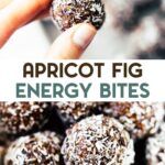 No-bake apricot fig energy bites rolled in coconut with a text overlay for pinterest.