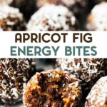 No-bake apricot fig energy bites rolled in coconut with a text overlay for pinterest.