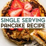 Small stack of pancakes on a white plate topped with sliced strawberries and syrup, with a fork holding a cut piece, with a text overlay for pinterest.