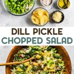 Ingredients for a creamy dill pickle salad, and an assembled dill pickle salad in a wooden bowl with a text overlay for pinterest.