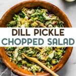 Creamy pickle salad in a wooden bowl with a text overlay for pinterest.