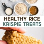 A photo of ingredients and a hand holding a homemade rice crispy bar with a text overlay for Pinterest.
