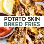 Sweet potato skin fries on a plate with lemon slices and ketchup with a text overlay for Pinterest.