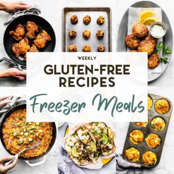 A grid of 6 food photos of gluten-free freezer-friendly meal prep recipes.