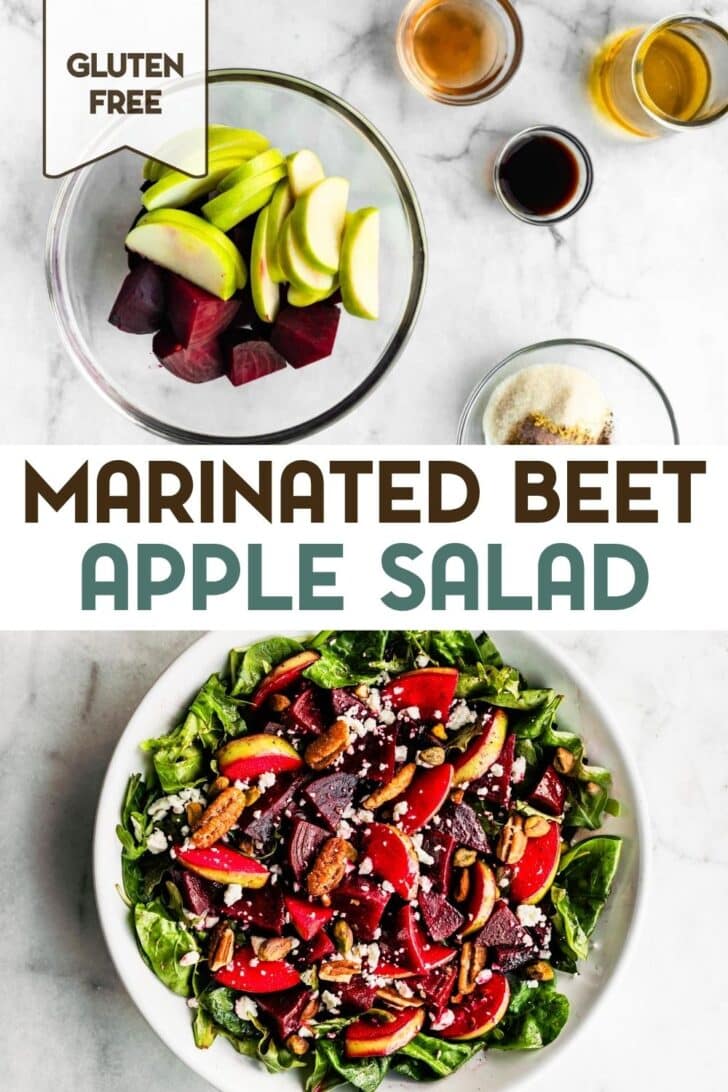 2 photos of marinated beet and apple salad with a text overlay for pinterest.