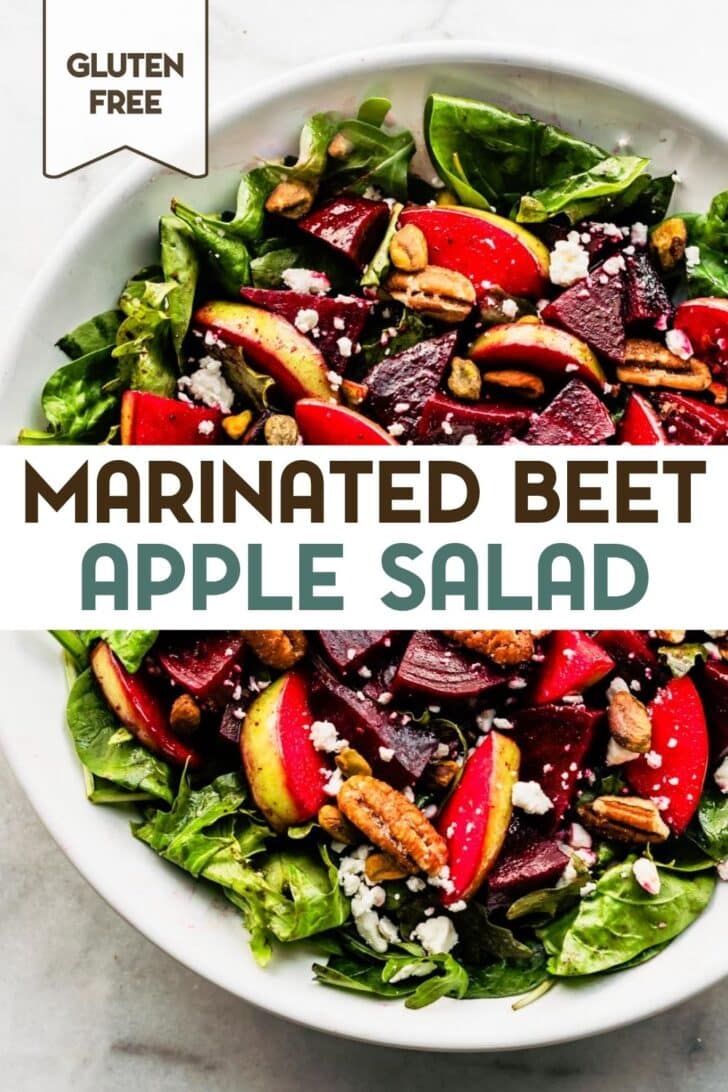 A marinated beet and apple salad in a large white bowl with a text overlay for pinterest.