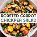 A spoon in a large serving bowl of Roasted Carrot Chickpea Salad with a text overlay for Pinterest.