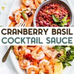 A platter of shrimp and Cranberry Shrimp Cocktail Sauce with a text overlay for Pinterest.