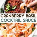 A platter of shrimp and Cranberry Shrimp Cocktail Sauce with a text overlay for Pinterest.
