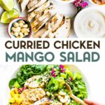 Ingredients and a finished Curried Chicken Salad with Mango Chutney with a text overlay for Pinterest.