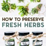 Bundles of fresh herbs tied with twine and 3 glass jars of herb salt with a text overlay for Pinterest.