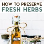 Jars and bottles of preserved fresh herbs with a text overlay for Pinterest.