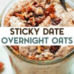 Creamy overnight oats mixed with chia seeds and nut butter in a glass jar with a text overlay for Pinterest.