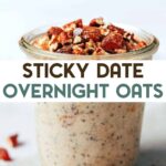 Creamy overnight oats mixed with chia seeds and nut butter in a glass jar with a text overlay for Pinterest.