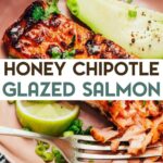 Plate of 3 chipotle-glazed salmon fillets surrounded by sliced lime, and fresh cilantro with a text overlay for pinterest.