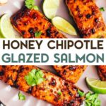 Plate of 3 chipotle-glazed salmon fillets surrounded by sliced lime, and fresh cilantro with a text overlay for Pinterest.