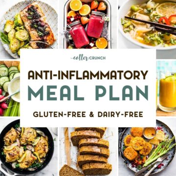 A photo collage of 6 photos of anti-inflammatory foods with a text overlay.